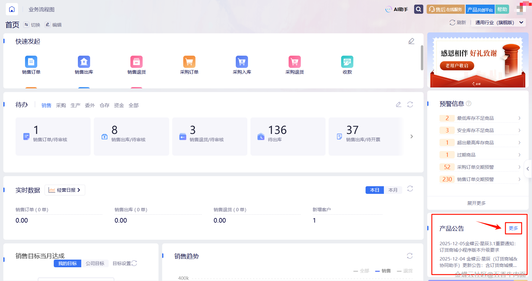 金蝶AI星辰系统更新后首页