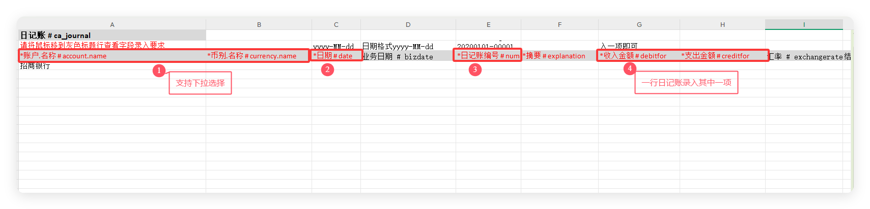 日记账引入模板字段说明