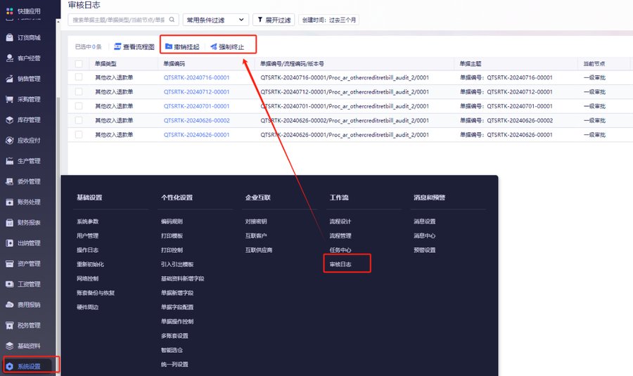 审核日志中的撤销挂起与强制终止