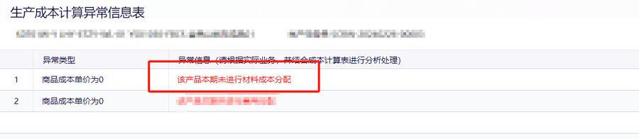 生产成本核算异常提示