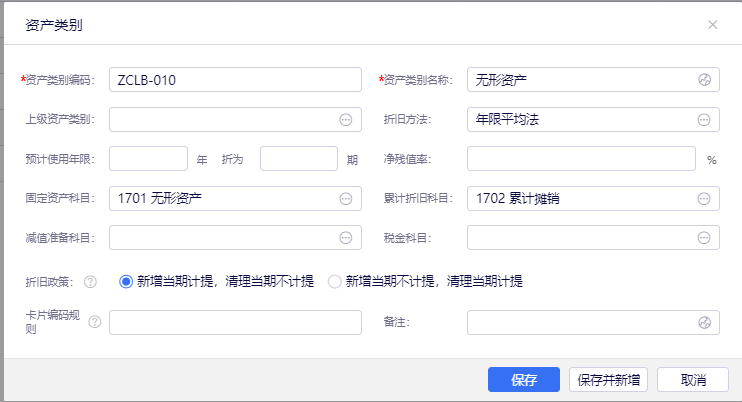 无形资产类别的科目与折旧政策设置