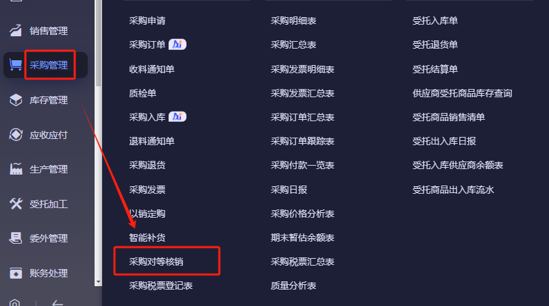 采购管理菜单中的采购对等核销入口