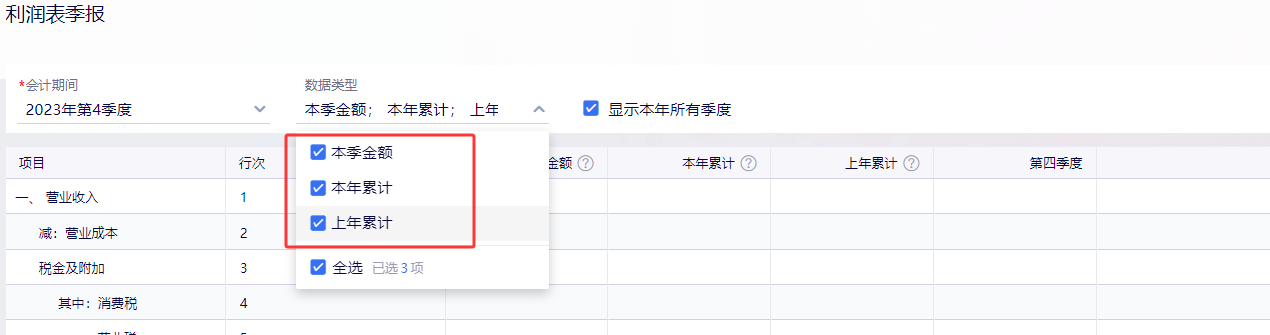 金蝶云星辰利润表季报数据类型:本季金额、本年累计、上年累计