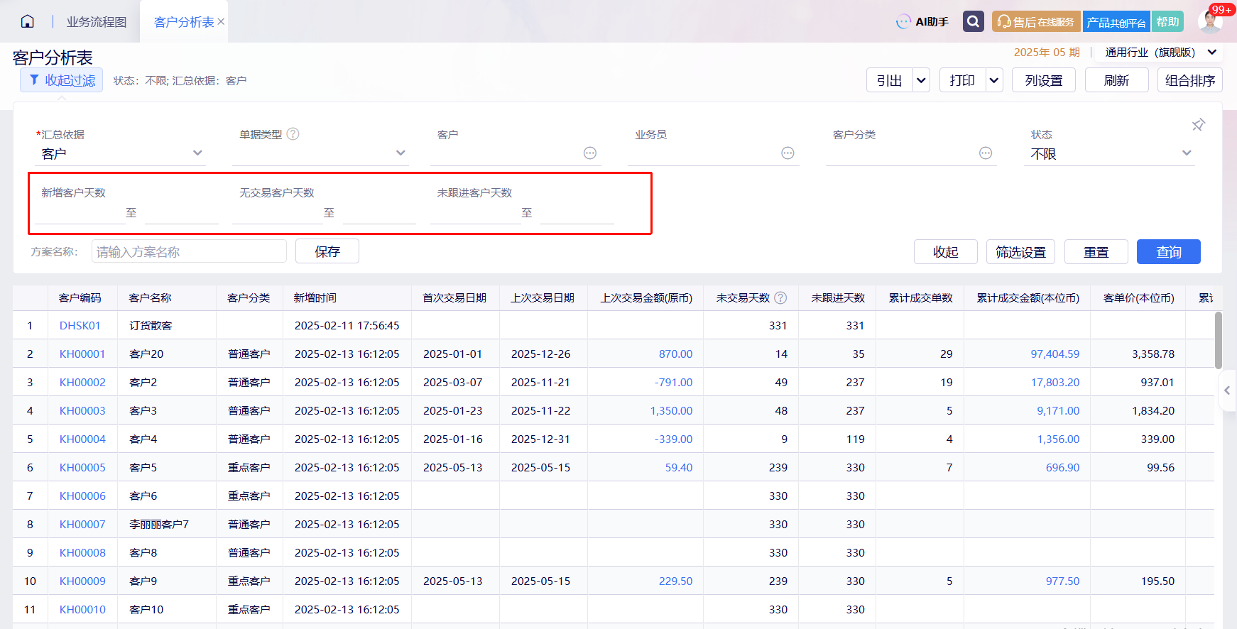客户分析表支持天数区间查询